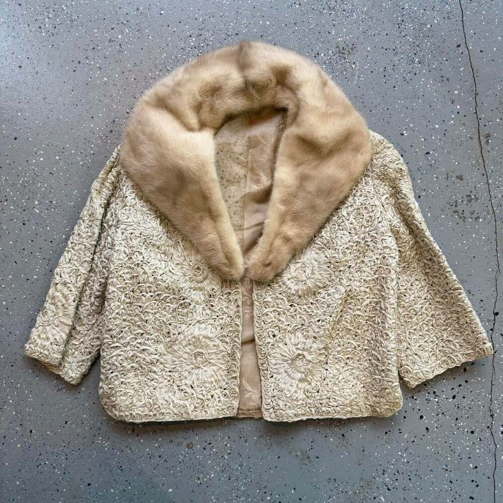 Vintage 1950s Cream Ribbon Soutache Jacket with Mink Fur Collar, Size Small